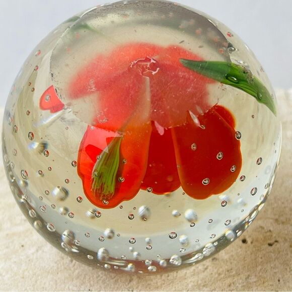 Vintage Orange Flower Bubble Clear Art Glass Round Paper Weight - Picture 15 of 16